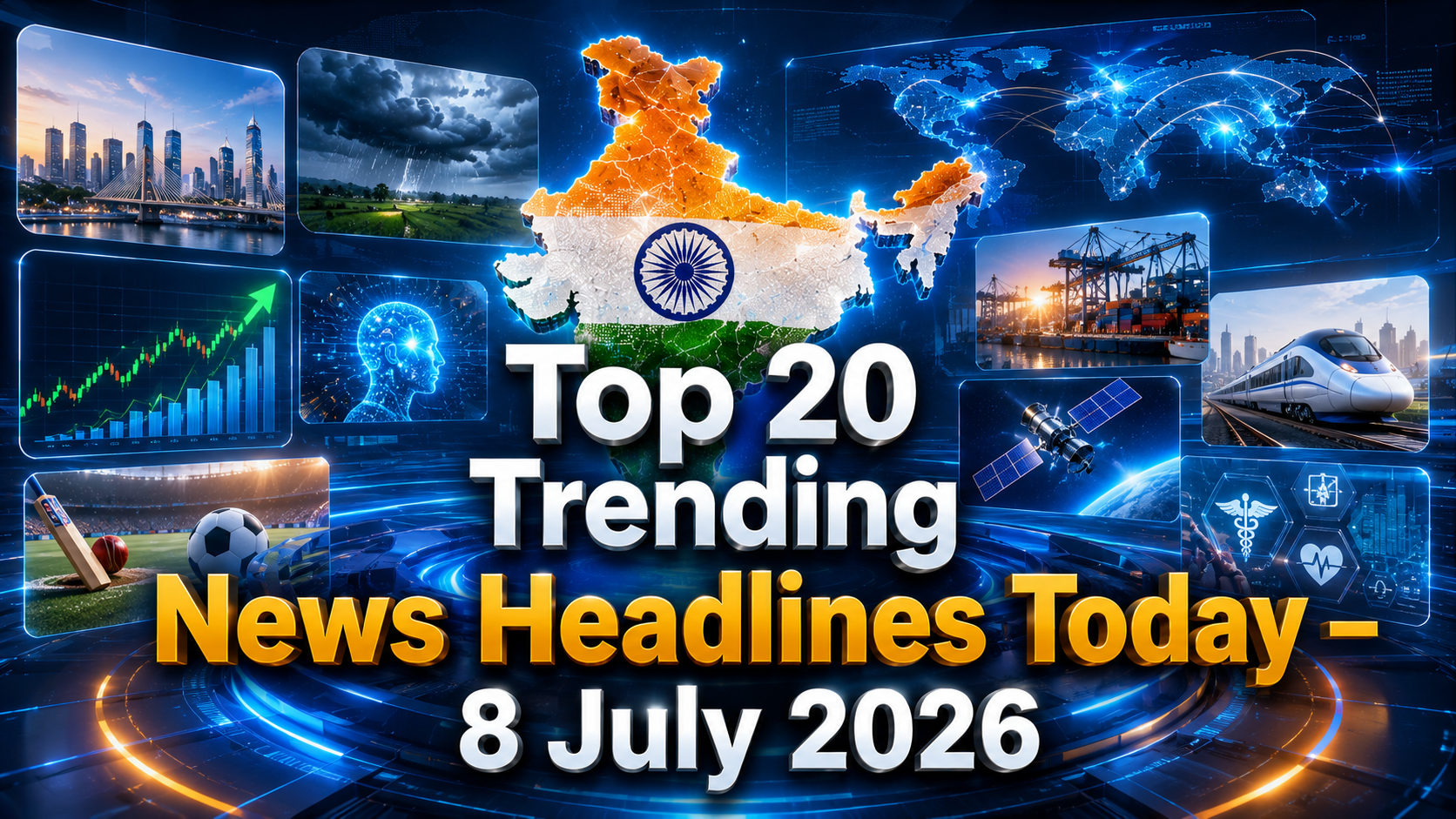 Top 20 Trending News Headlines Today 8 July 2026 featuring monsoon alerts, Indian stock market updates, PM Modi, business, technology, AI, sports, weather, and global developments.